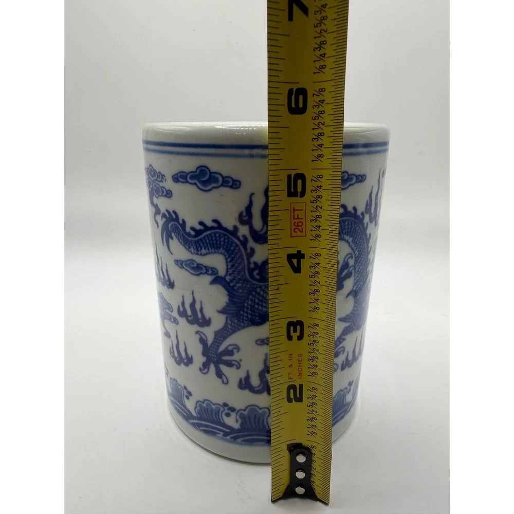 Vintage Blue White Porcelain Dragon Brush Pot Bitong Chinese Character Mark 5.5